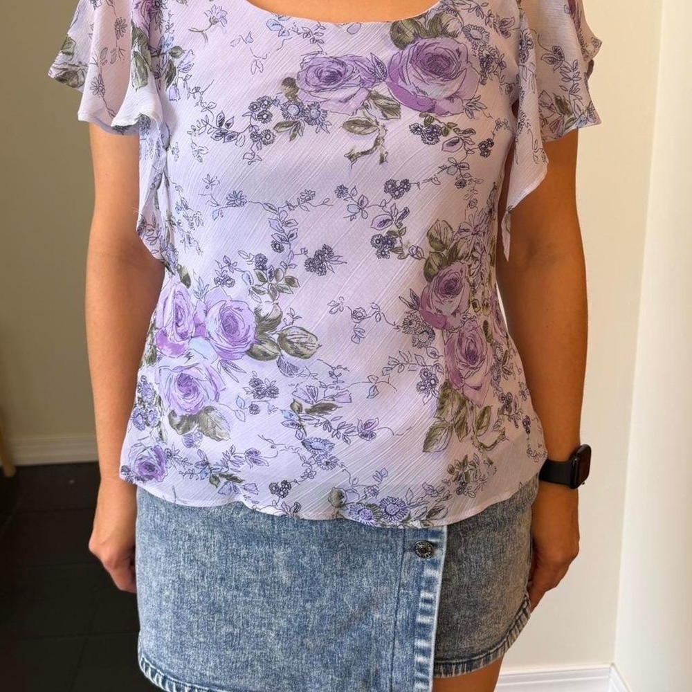 Vintage 90s Lavender Floral Chiffon Blouse Y2K Flutter Sleeve Top Sz Small - Picture 5 of 8